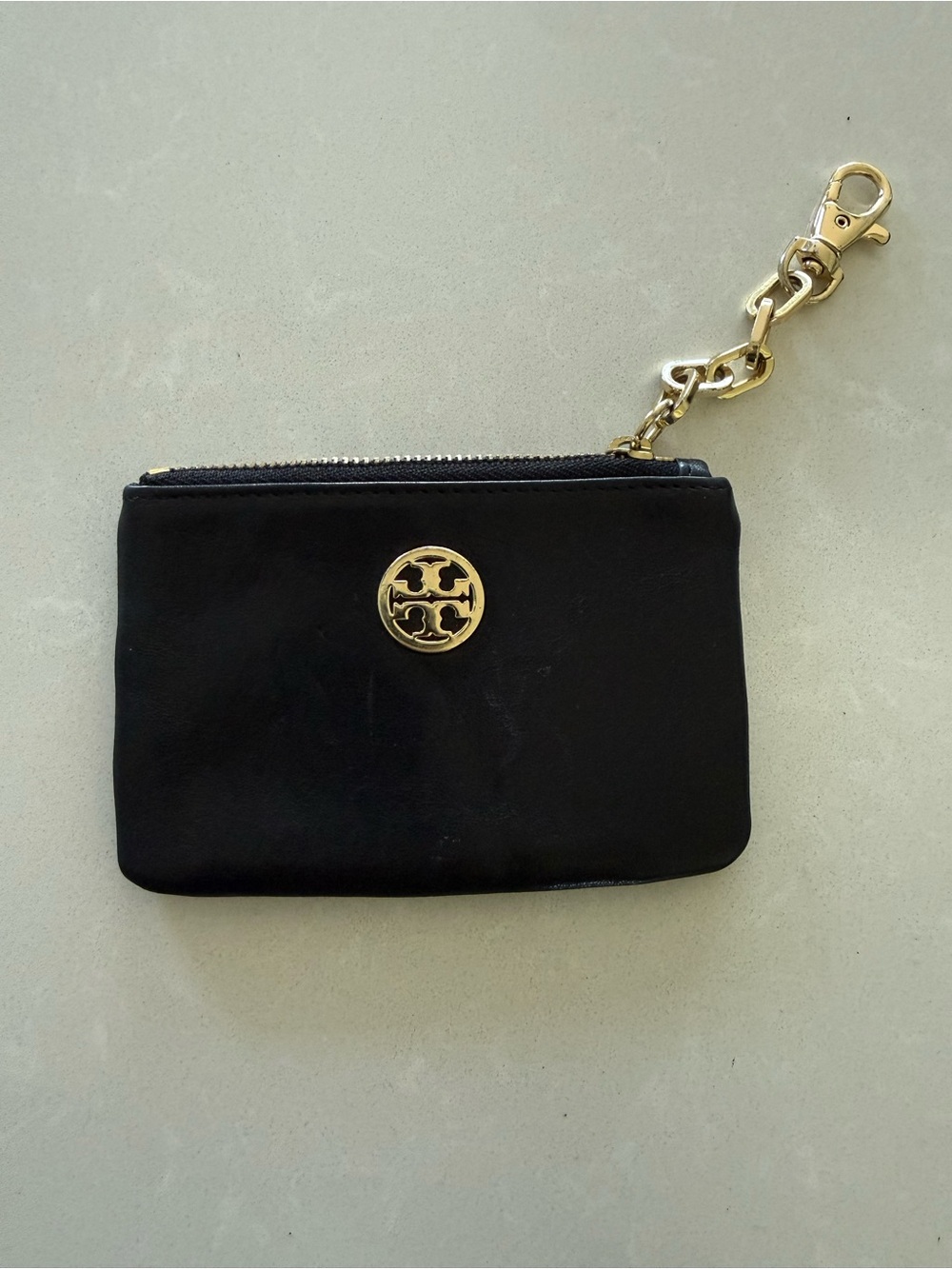 Tory Burch Black Zip Card Case with Gold Logo and Chain
